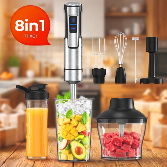 8-In-1 Immersion Blender, 1000W Heavy Duty Motor, Meat Chopper, 16 Speed Mode Handheld Blender with Stainless Steel Shaft - Includes 8 Total Pieces, Kitchen Must Haves