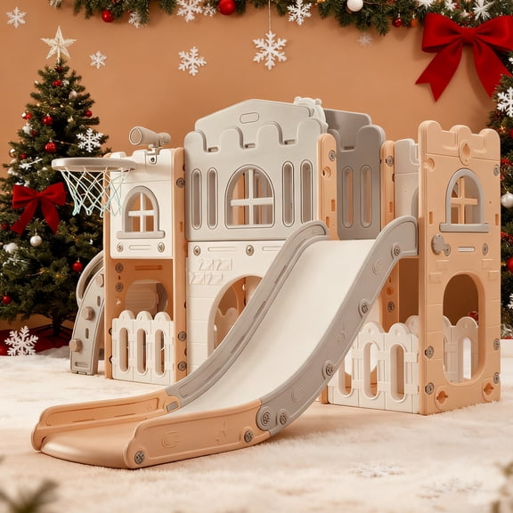 8-In-1 Indoor Playground With Slide:Slide Playset, Includes Slide, Basketball Hoop, Climber, Crawling Tunnel, Telescope, and Toy Storage