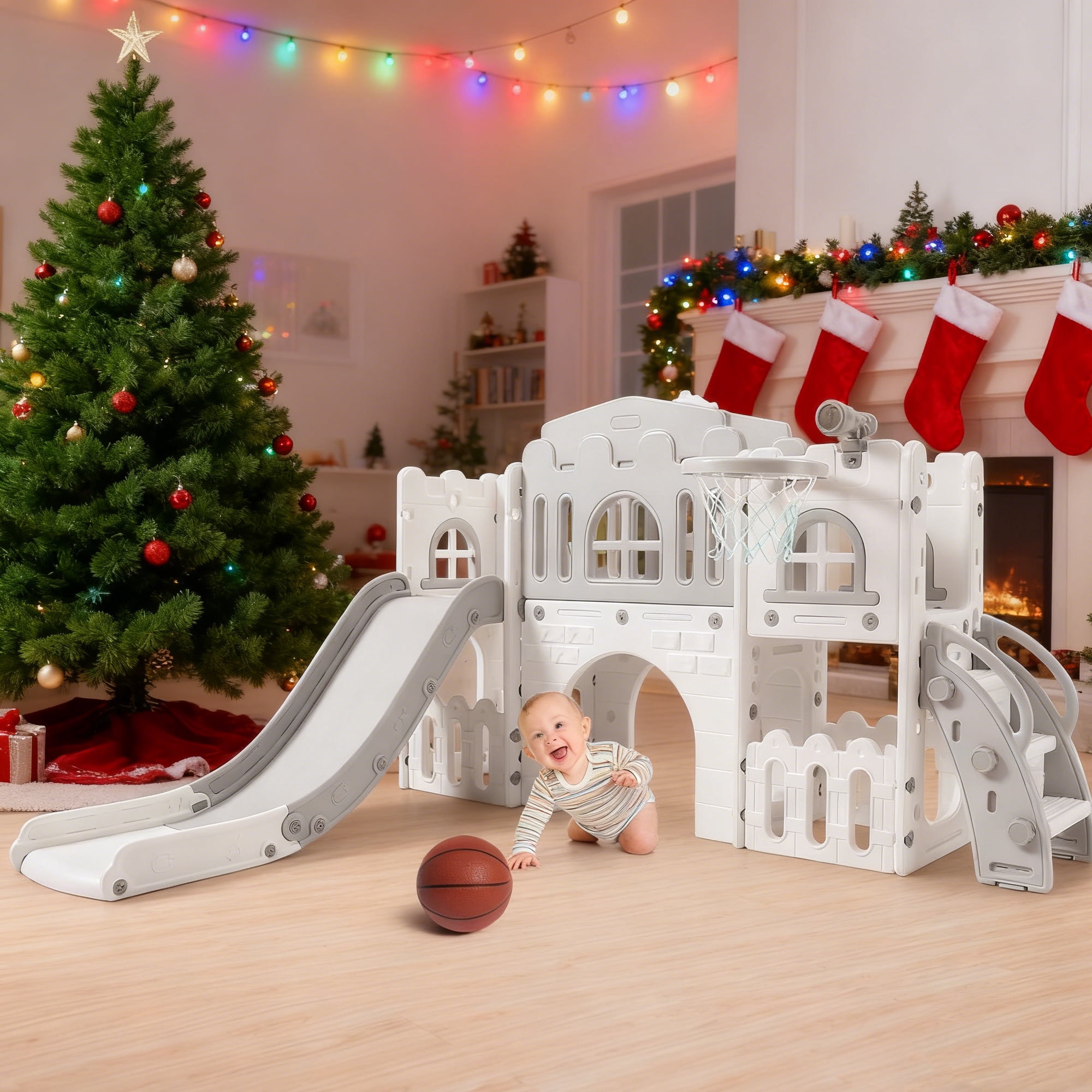 8-In-1 Toddler Indoor Playground With Slide: Baby Slide Playset for Toddlers Ages 1-3, Includes Slide, Basketball Hoop, Climber, Crawling Tunnel, Telescope, and Toy Storage