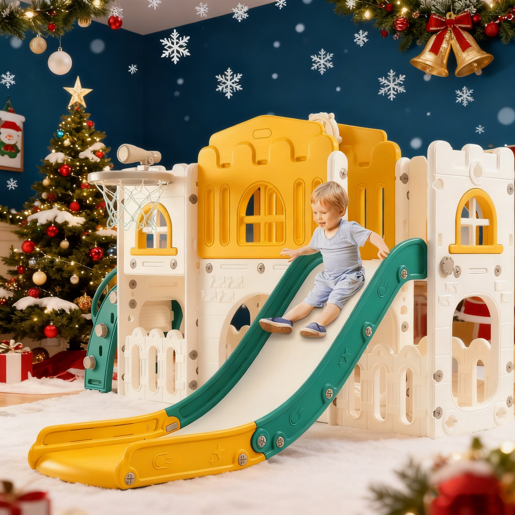 8-In-1 Toddler Indoor Playground With Slide: Baby Slide Playset for Toddlers Ages 1-3, Includes Slide, Basketball Hoop, Climber, Crawling Tunnel, Telescope, and Toy Storage