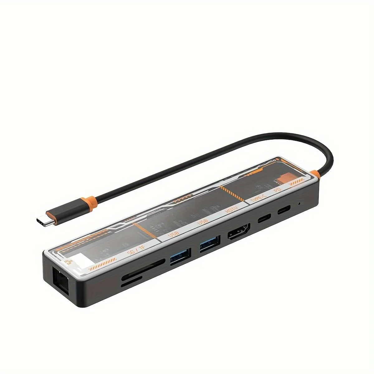 8 In1 Transparent USB-C Docking Station Adapter with HDTV, USB3.0, PD Charging, SD/TF2.0, 100M Ports ,Fast Charging Devices
