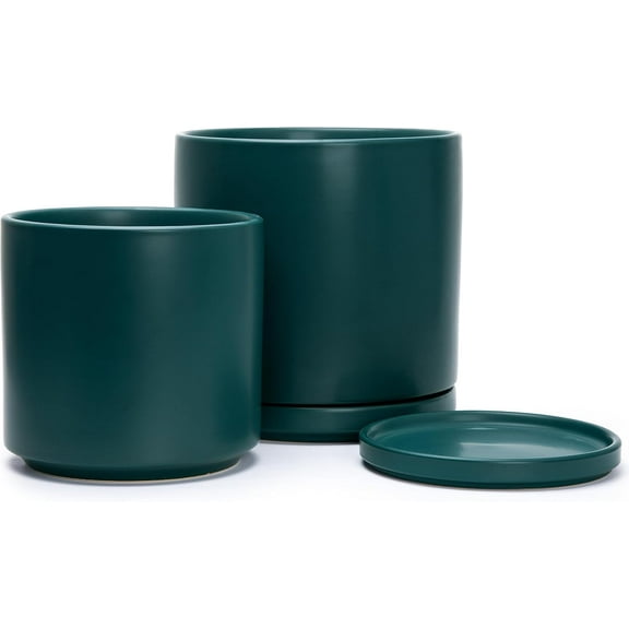 8 Inch & 10 Inch Ceramic Planter Pot for Plants with Drainage Hole and Saucer, Large Plant Pots Set, Teal, 94-G-L-9