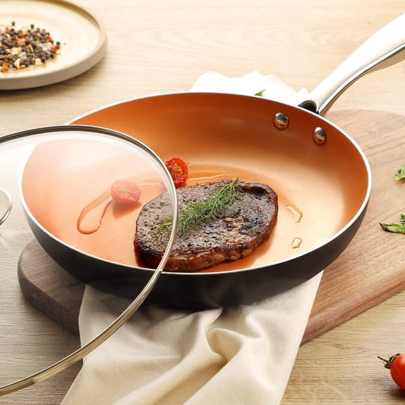 8 Inch + 10 Inch Copper Frying Pan Set with Glass Lid, Nonstick Ceramic Coating for Healthy Cooking