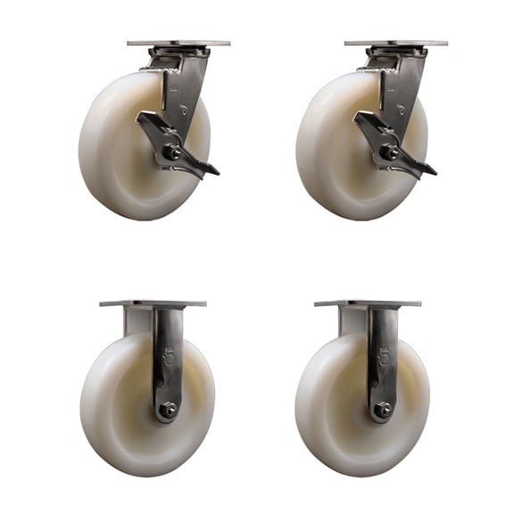 8 Inch 316 Stainless Steel Nylon Caster Set w/Ball Bearings 2 Brakes 2 Rigid SCC