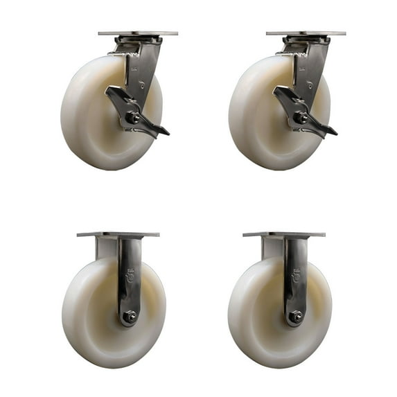 8 Inch 316 Stainless Steel Nylon Caster Set w/Roller Bearing 2 Brake 2 Rigid SCC