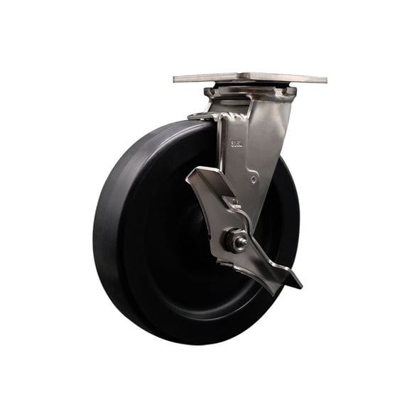 8 Inch 316 Stainless Steel Polyolefin Swivel Caster w/Delrin Bearing & Brake SCC
