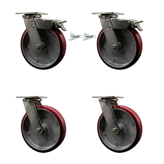 8 Inch 316SS Poly on Aluminum Caster Set w/Delrin Bearings 2 Swivel Lock 2 Brake