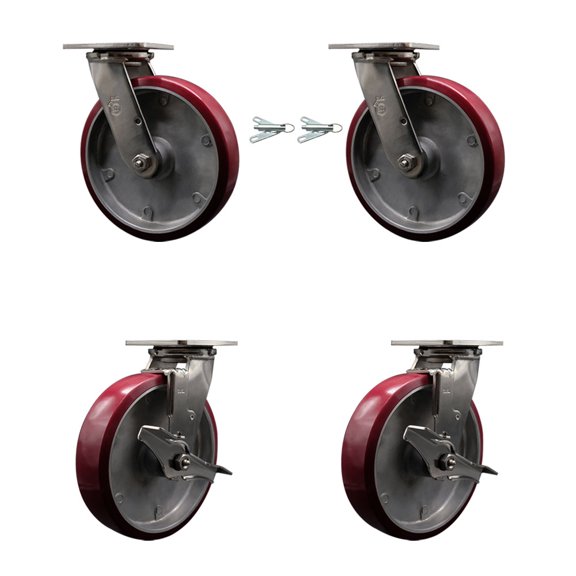 8 Inch 316SS Poly on Aluminum Caster Set w/Roller Bearings 2 Swivel Lock 2 Brake