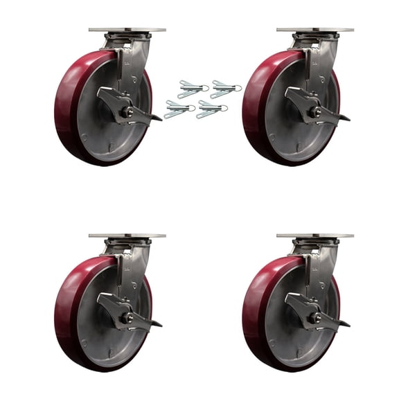 8 Inch 316SS Poly on Aluminum Caster Set with Ball Bearings & Brake/Swivel Lock
