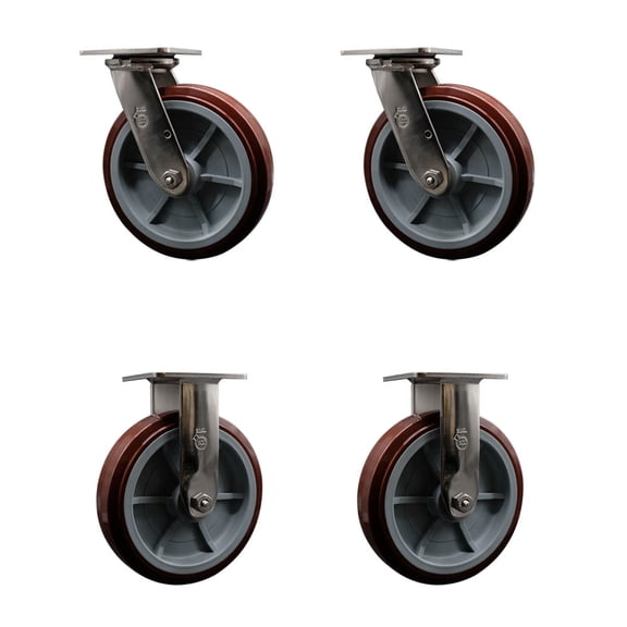 8 Inch 316SS Polyurethane Caster Set with Delrin Bearings 2 Swivel 2 Rigid SCC