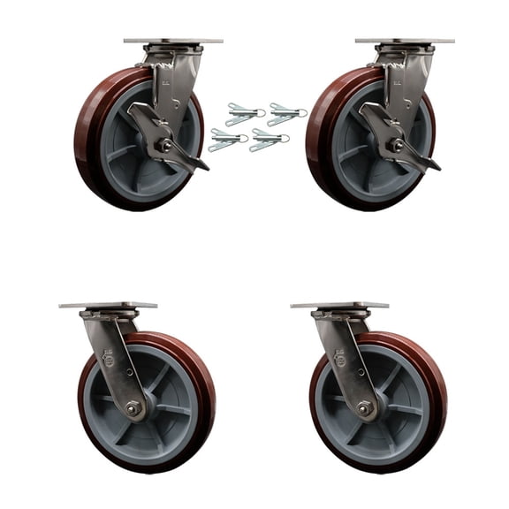 8 Inch 316SS Polyurethane Caster Set with Roller Bearings 4 Swivel Locks 2 Brake