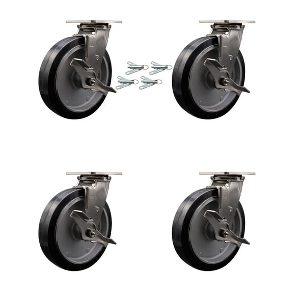 8 Inch 316SS Rubber on Aluminum Caster Set with Roller Bearings&Brake/Swivel Lck