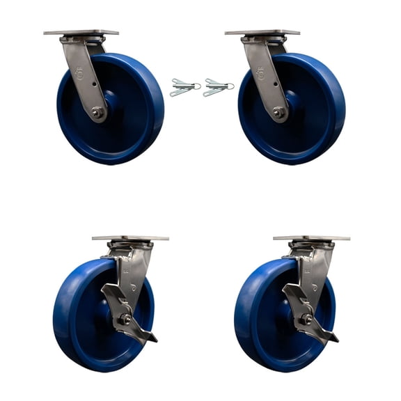 8 Inch 316SS Solid Poly Caster Set with Delrin Bearings 2 Swivel Locks 2 Brakes