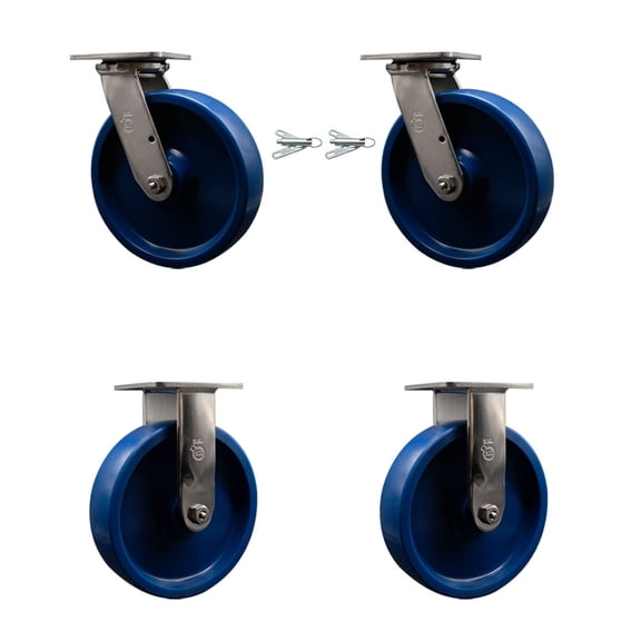 8 Inch 316SS Solid Poly Caster Set with Delrin Bearings 2 Swivel Locks 2 Rigid