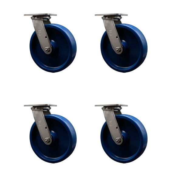 8 Inch 316SS Solid Polyurethane Wheel Swivel Caster Set with Ball Bearings SCC