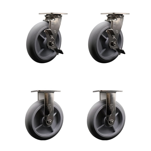 8 Inch 316SS Thermo Donut Tread Caster Set w/Ball Bearings 2 Brakes 2 Rigid SCC