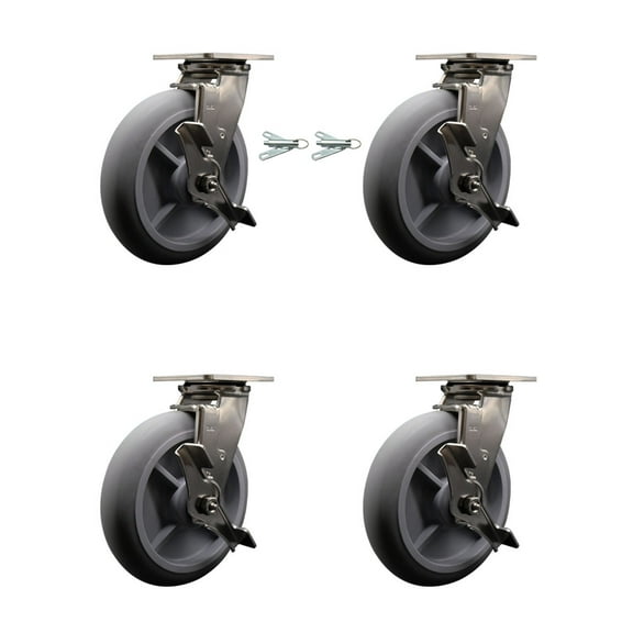 8 Inch 316SS Thermo Donut Tread Caster Set w/Delrin Bearings 4 Brake 2 Swvl Lock