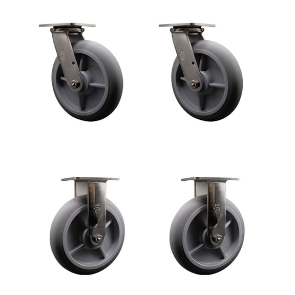 8 Inch 316SS Thermo Rubber Donut Tread Caster Set w/Ball Bearings 2 Swvl 2 Rigid