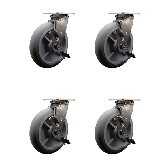 8 Inch 316SS Thermo Rubber Donut Tread Swivel Caster Set w/Delrin Bearings&Brake