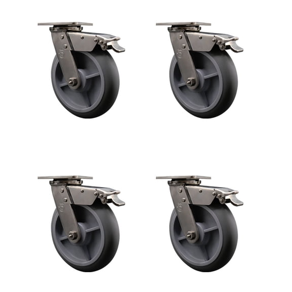 8 Inch 316SS Thermo Rubber Donut Tread Swivel Caster Set w/Roller Bearings&Brake