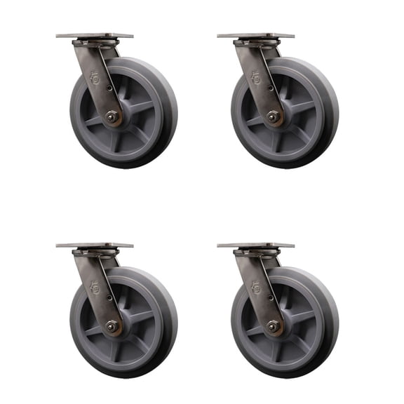 8 Inch 316SS Thermo Rubber Flat Tread Wheel Swivel Caster Set w/Roller Bearing