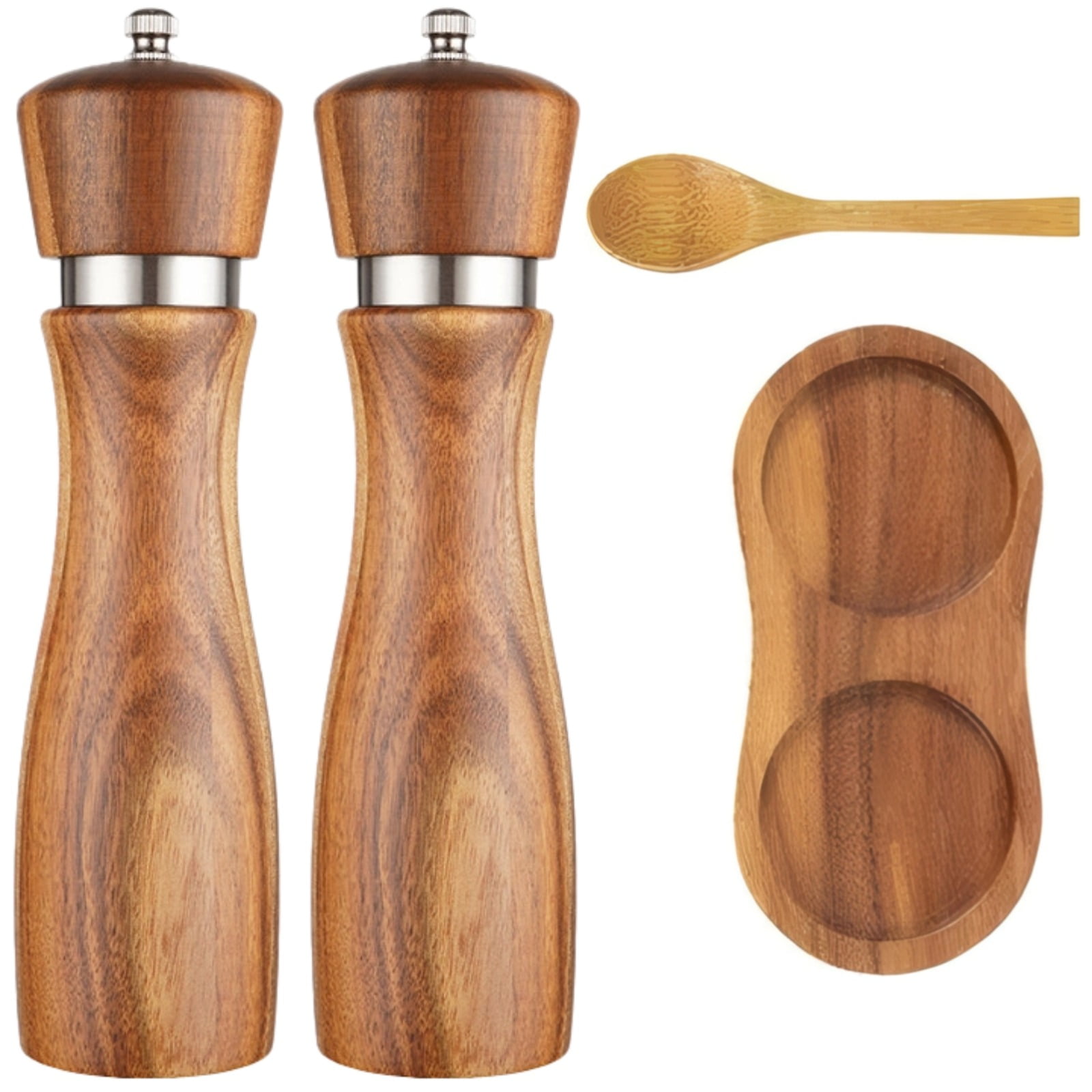 8-Inch Acacia Wood Pepper Mill with Steel Ring, Salt and Pepper Grinder Set with Spoon and Base, Elegant Gift for Bakers and Home Chefs