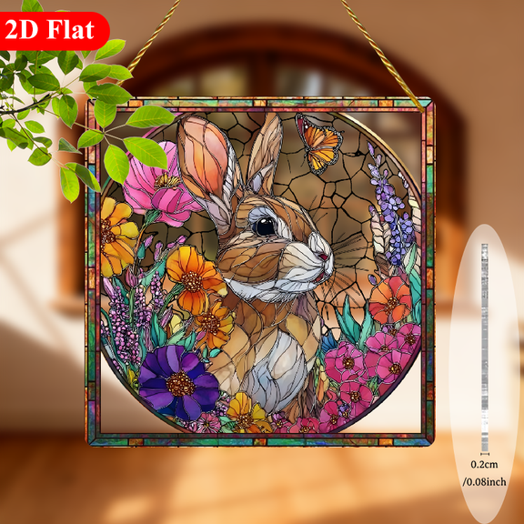8-Inch Acrylic Rabbit Catch Sunshine in Flower Garden Wall Decor - 3D Visual Effect Tracery, No Electricity Needed, Spring Easter Home Decoration with Colorful Bunnies, Flowers Butterflies