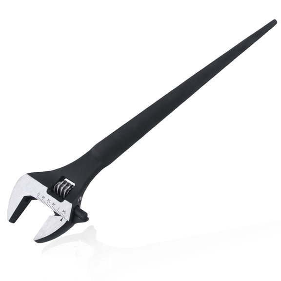8-Inch Adjustable Spud Wrench Black Oxide Construction Wrench with SAE and Metric Scale Marked for Up to 30mm Nuts and Bolts, Alignment Holes and Tail Crowbar Features