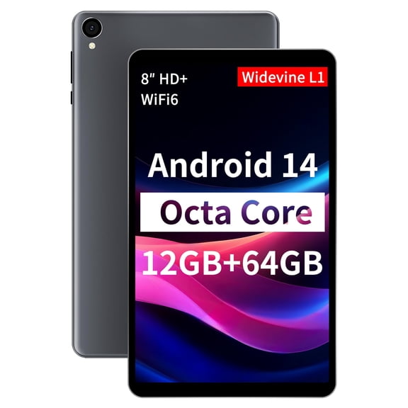 8-Inch Android Tablet, Octa-Core Processor, 12GB RAM 64GB ROM, 2TB Expandable, Dual Band WiFi 6, 5MP+8MP Cameras, Bluetooth 5.4, 5100mAh Battery, Widevine L1, Gray