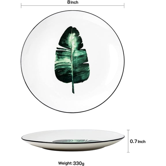 8 Inch Assorted Plant Pattern Porcelain Plates, White Dinnerware Set for Steak Salad Dessert