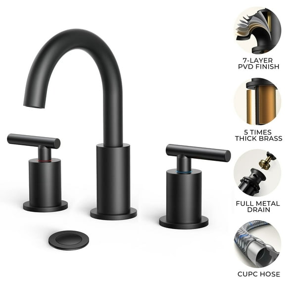 TVOFEK Black Bathroom Faucet 3 Hole, 8 inch Widespread Bathroom Vanity Faucets with Metal Drain and Supply Hoses, Stainless Steel Faucet for Utility Lavatory