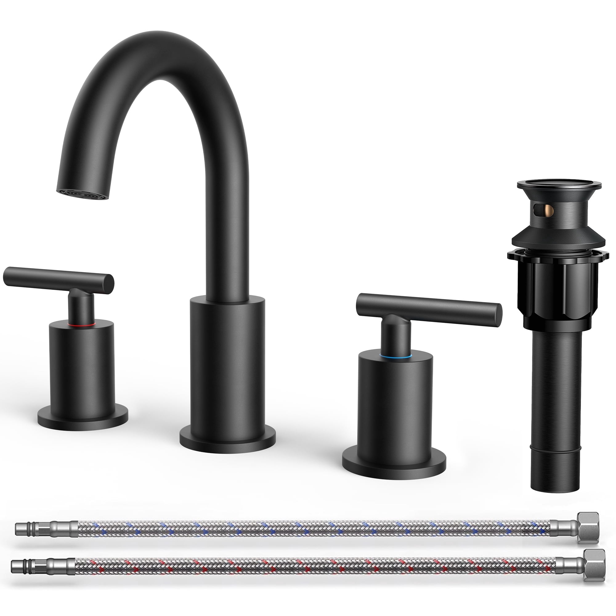 TVOFEK 8 inch Widespread Bathroom Faucet, 3 Hole Matte Black Sink Faucets with Metal Drain and Supply Lines, Stainless Steel Lead-Free for Vanity, RV, Farmhouse