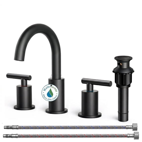 TVOFEK Black Bathroom Faucet 3 Hole, 8 inch Widespread Bathroom Vanity Faucets with Metal Drain and Supply Hoses, Stainless Steel Faucet for Utility Lavatory