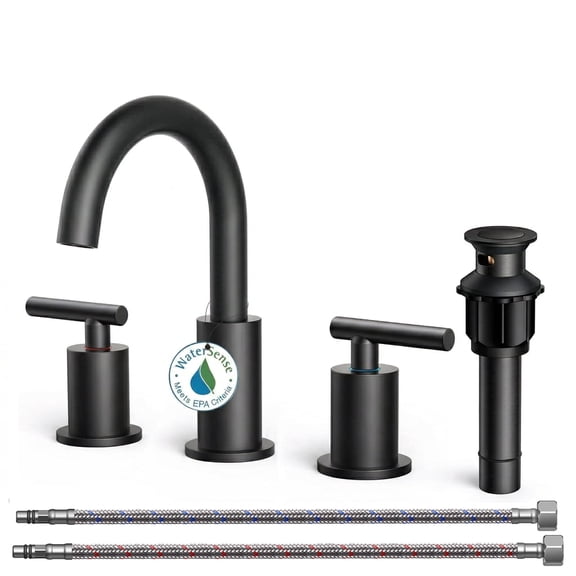 TVOFEK Black Bathroom Faucet for Sink, 8 Inch Widespread 2‑Handle Vanity Faucets, 316 Stainless Steel with Metal Drain & Supply Hoses, WaterSense Certified