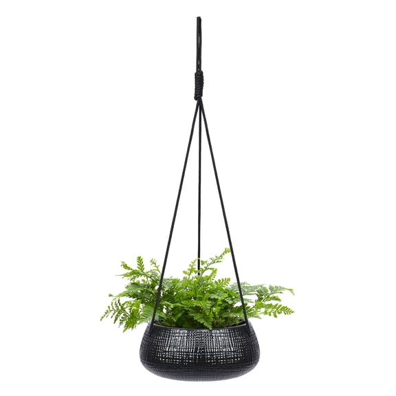 8 Inch Black Hanging Ceramic Planter, Modern Textured Flower Pot with Drainage Hole for Succulents, Fern, Ivy, Trailing Plants, Indoor and Outdoor Home Decor