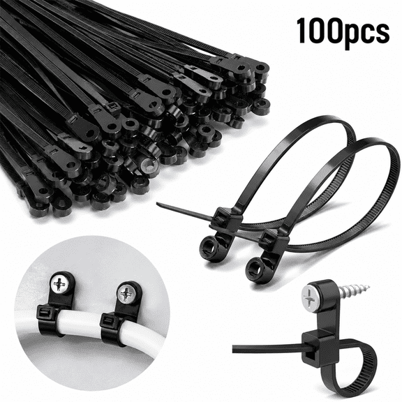 8 Inch Black Heavy Duty Zip Ties with Screw Hole - 75 lbs Mountable Cable Ties for Wall Wire & Cord Management - Indoor Outdoor Use (50 Pack)