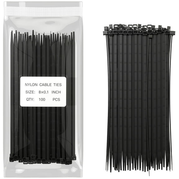 8 Inch Black Nylon Cable Zip Ties Self Locking Pack of 100