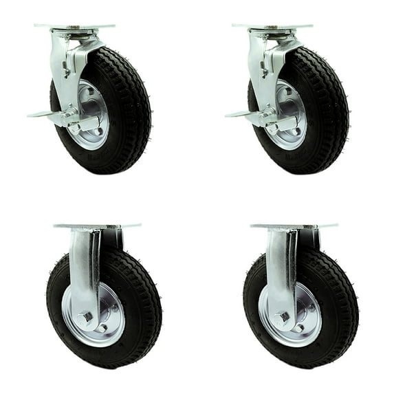 8 Inch Black Pneumatic Wheel Caster Set 2 Swivel with Brake Swivel Lock 2 Rigid