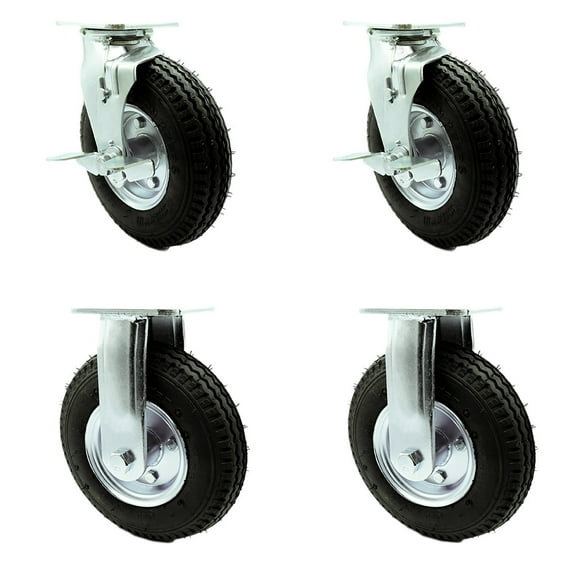 8 Inch Black Pneumatic Wheel Caster Set 2 Swivel with Brakes and 2 Rigid SCC
