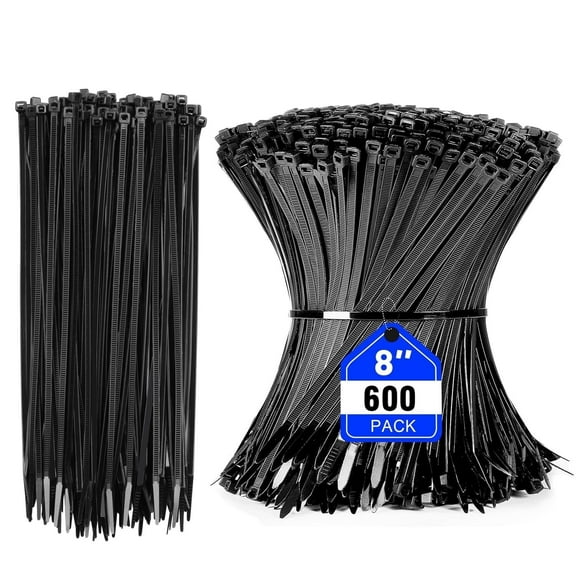 8 Inch Black Zip Ties (600 Pack), 35 LBS Tensile Strength, Self-Locking Nylon PA66 UV Resistant Cable Ties for Indoor and Outdoor Use