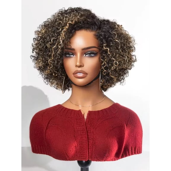 8 Inch Blonde Highlights, Short Curly Human Hair Wig, Glueless, Pre-Plucked, Ombre 5x7 Lace Classic Bob Wig