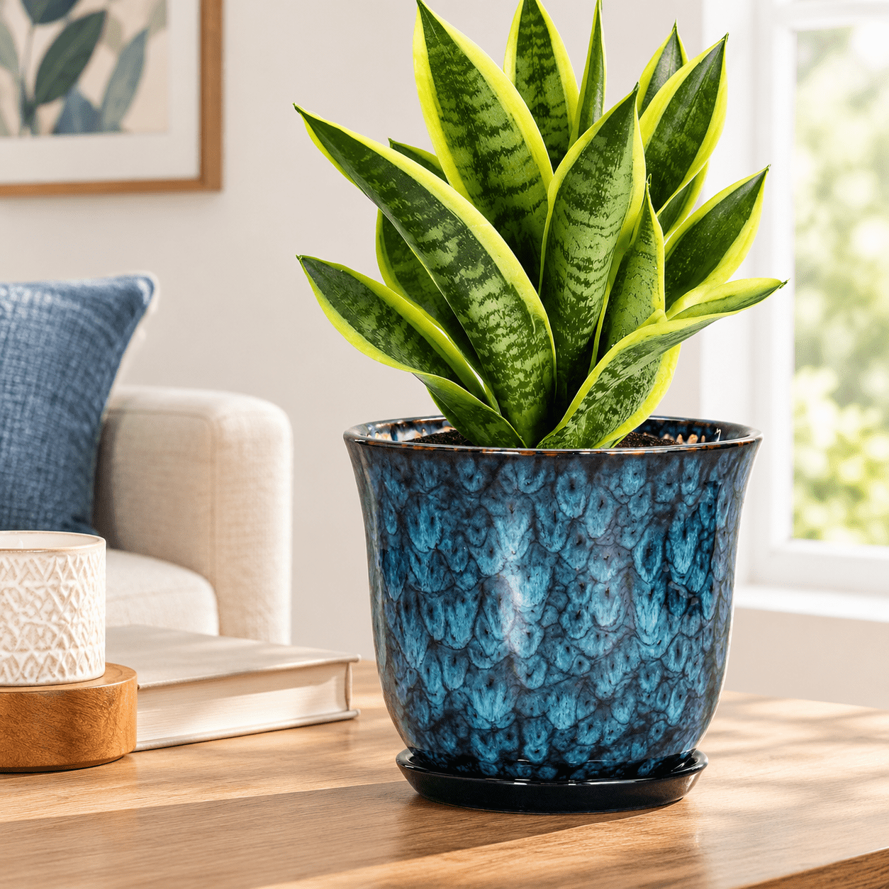 8 Inch Blue Ceramic Plant Pot with Drainage and Saucer for Indoor ...