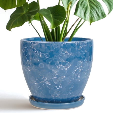 EPFamily 8 inch Blue Mottled Glaze Ceramic Planter with Drainage Hole and Saucer – Indoor Outdoor Pot for Succulents, Cacti, Houseplants