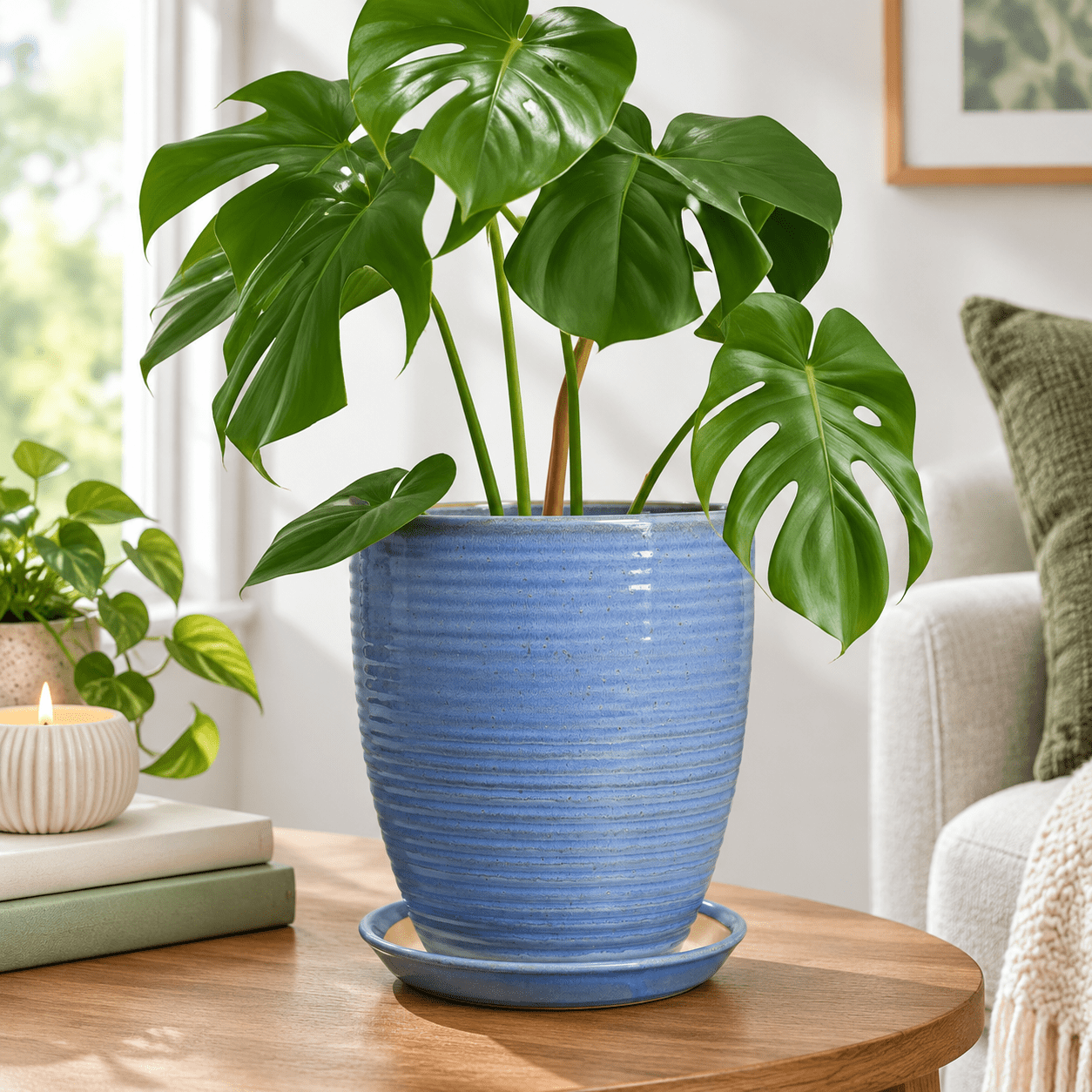 8 Inch Blue-bright Ceramic Plant Pot with Drainage Hole and Tray for ...