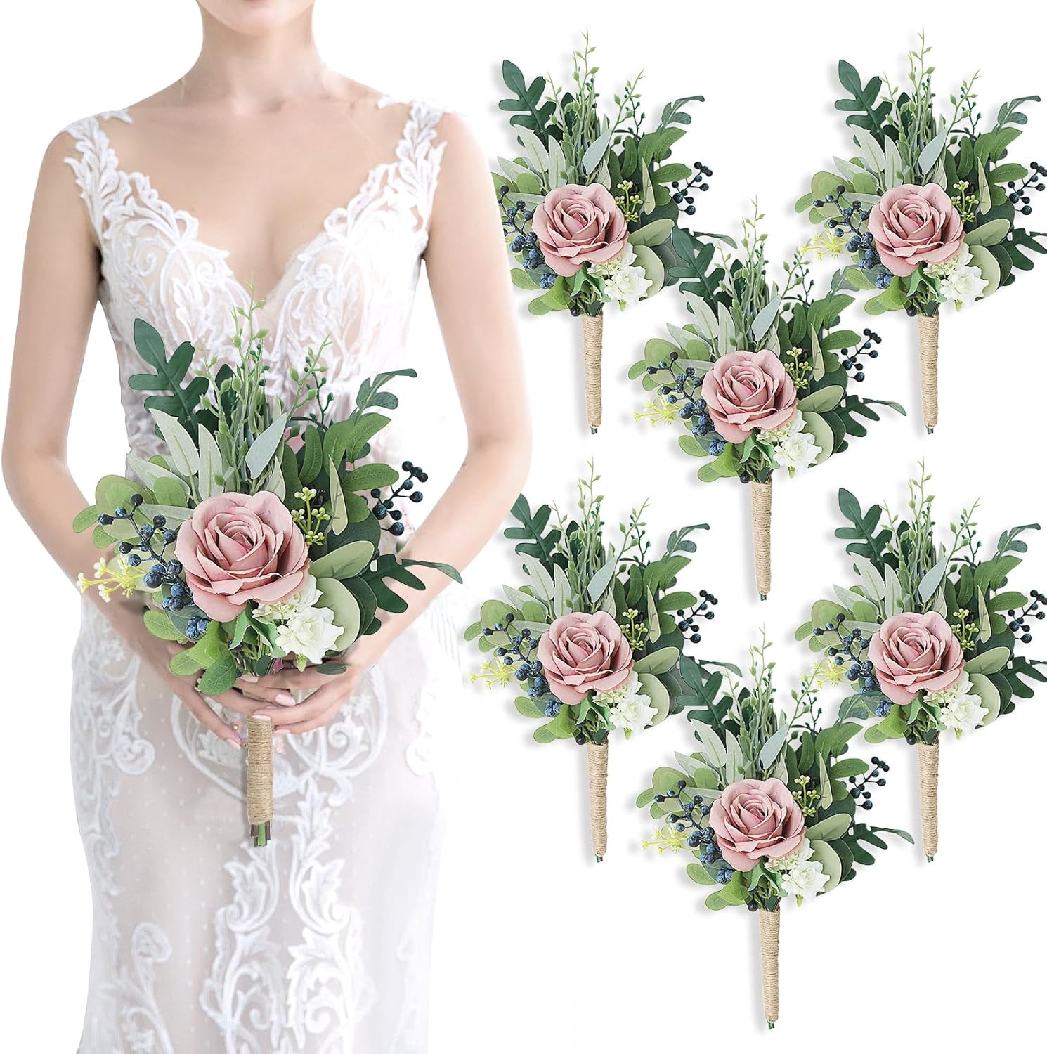 Set Of 4 Ivory Bridesmaid Bouquets - 8" Artificial Silk Flower Bouquets With Greenery For Weddings & Centerpieces