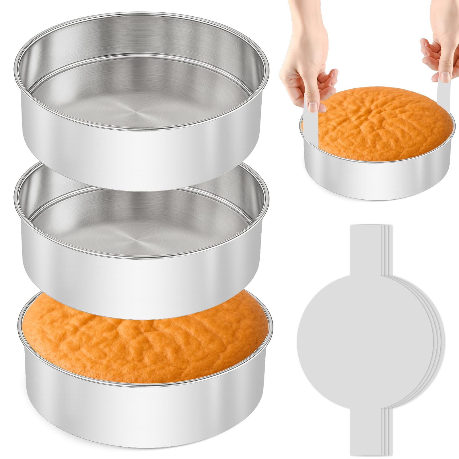 8 Inch Cake Pan - 3pcs Stainless Steel Round Layer Baking Pans With 100 ...