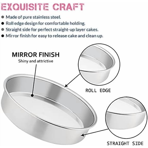 8 Inch Cake Pan Set of 3, Stainless Steel Round Layer Cake Baking Pans, Non-Toxic & Healthy, Mirror Finish & Dishwasher Safe