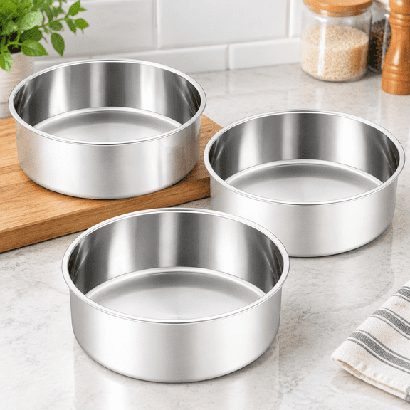 8 Inch Cake Pan, Stainless Steel Circle Baking Pans Set, 3 Pieces Round Layer Cake Tin for Wedding Birthday, Even Heating, Non Toxic & Healthy, Heavy-Duty, Dishwasher Safe