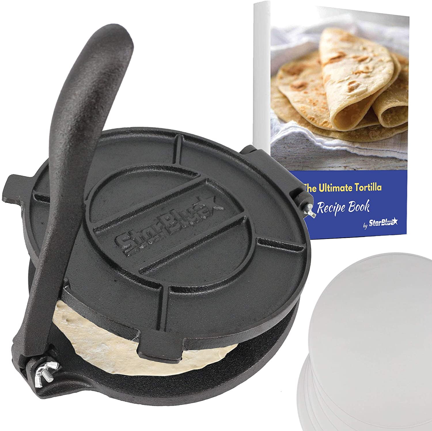 8 Inch Black Cast Iron Tortilla Press with Recipe Book