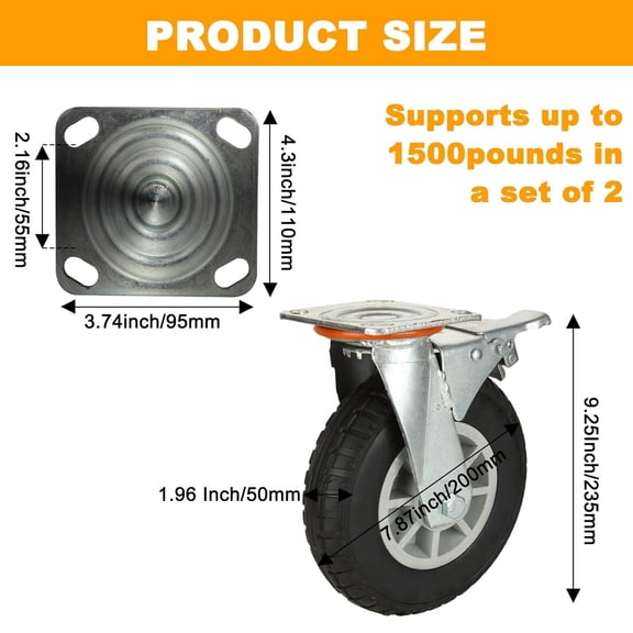 8 Inch Casters Set of 2 Heavy Duty Plate Casters, Locking Industrial Casters with Brake for Cart Furniture and Workbench Locking Replacement Load 3000Lbs